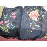 Two Chinese Hand Embroidered Black Shawls.