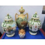 A Pair of Noritake Ginger Jars and Covers, decorated with panels of lake scenes and flowers (