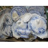 A Pair of XIX Century Blue & White Pottery, tureens, other similar period pottery:- One Box.