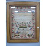 A Mid XIX Century Woolwork Sampler, worked by A. Lewis with the alphabet, numbers, dog, figure on
