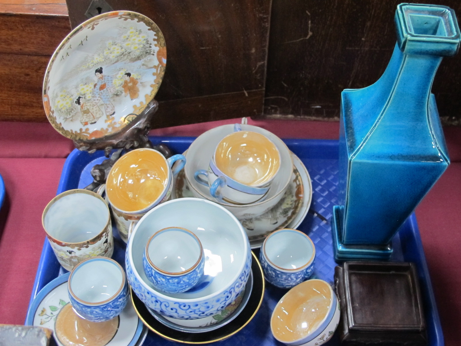 A Chinese Turquoise Tapering Vase, on hardwood stand, Japanese saucer on hardwood stand, Japanese