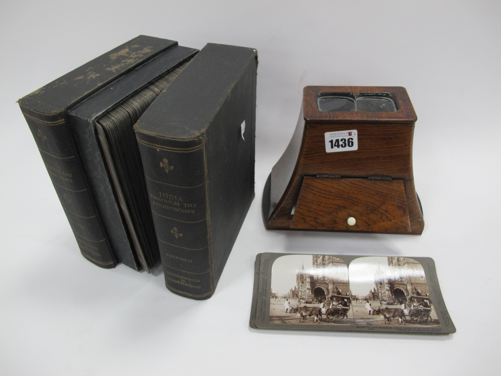 WITHDRAWN A Brewster Maple Veneer Stereoscopic Viewer, and Underwood & Underwood 'India through the