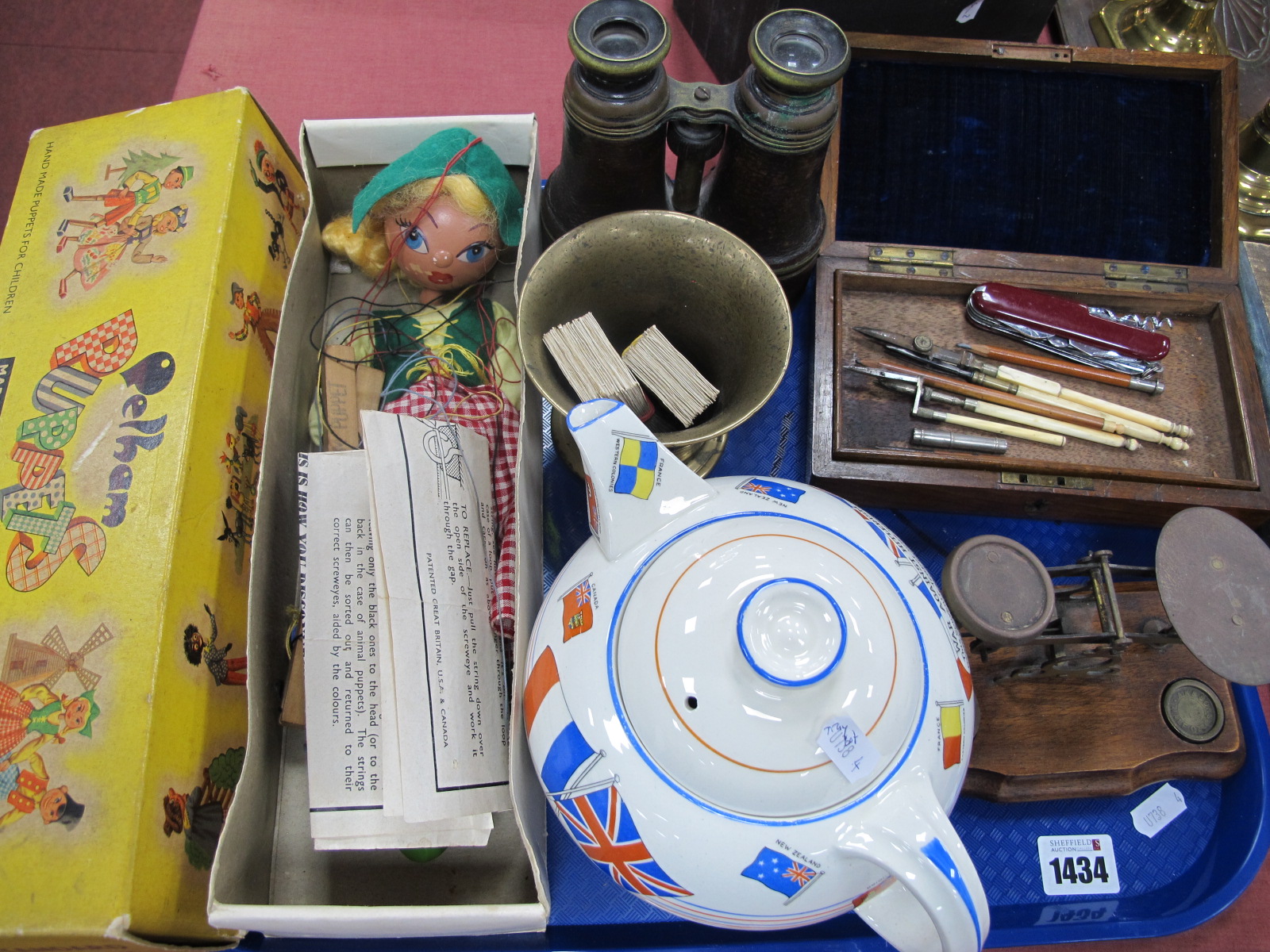 Ducal 'War Against Hitlerism' Teapot, Pelham Puppet, Dutch girl, geometry implements in case,