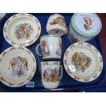 Bunnykins China bowls and mugs, Beatrix Potter Benjamin Bunny mug in tin, six items :- One Tray