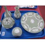 Green and White Wedgwood Jasperware, plate, vases, trinket box, etc :- One Tray