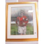 Stephen Doig: David Beckham, in jogging position wearing England red strip, pastel artwork, 45 x