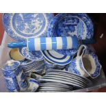 Blue & White Pottery, including Masons jug, T.G Green rolling pin, Willow pattern etc:- One Box.