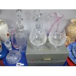A Claret Jug, three various decanters, vases, Bohemia brandy gasses:- One Tray.