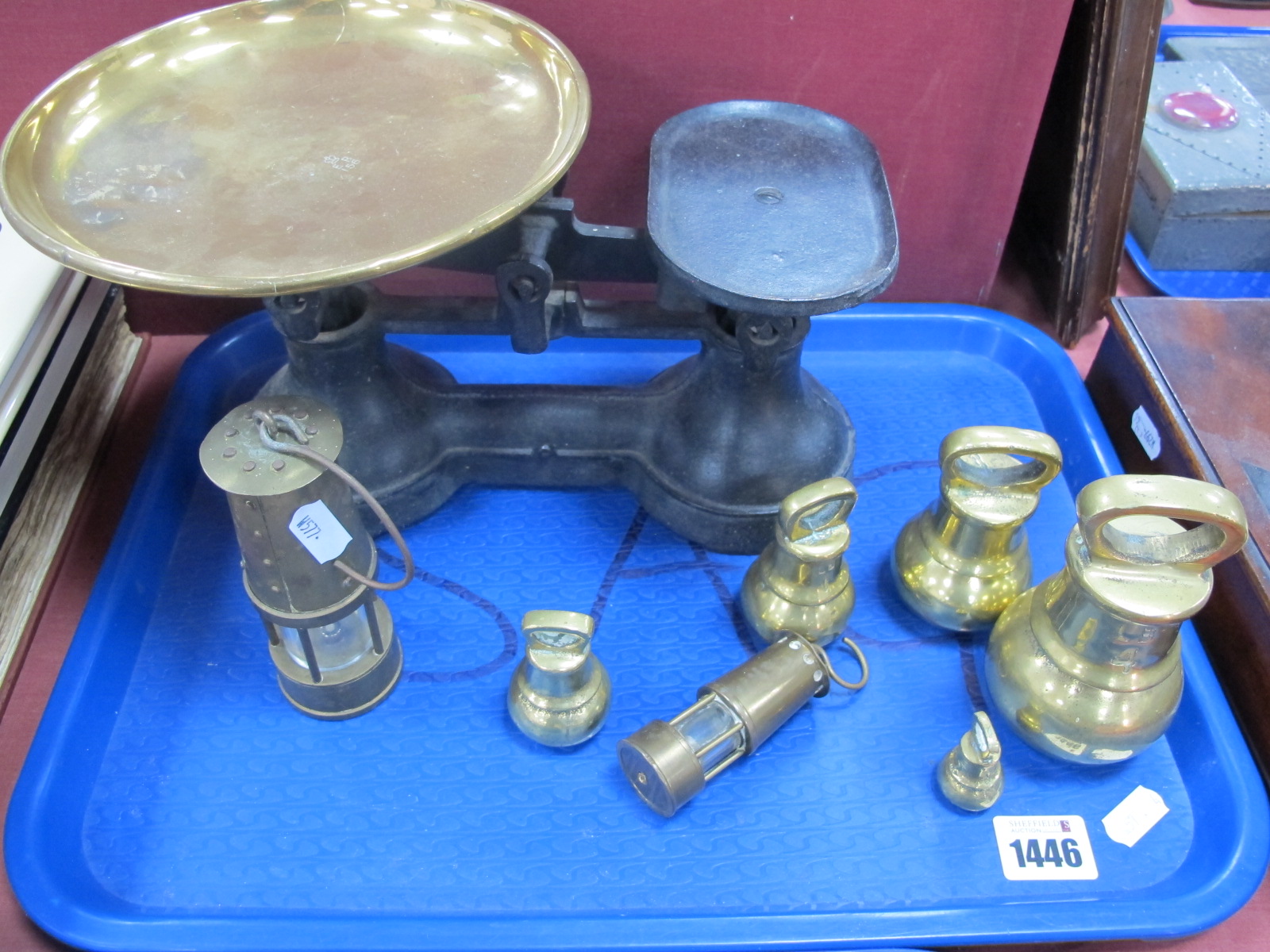STF No.2 Scales, with brass pan and weights, two mini miners lamps.