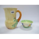 Clarice Cliff 'My Garden' Jug Vase, 19cm high, plus (repaired) crocus bowl, both for Newport