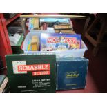 Board Games, Rummikub, Scrabble, Trivial Pursuits, oak crib board box of dominoes, chess set. Gilt