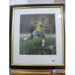 Stephen Doig: Pele, in match action, wearing Brazil home strip, pastel artwork, 41 x 36cm, signed