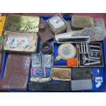 Ink Pen, having 14k Nib, Bayard travelling clock, razors, match box covers, etc:- One Tray.