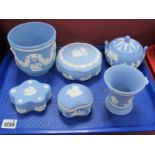 Powder Blue and White Wedgwood Jasperware Plant Pot, decorative trinket boxes, etc :- One Tray