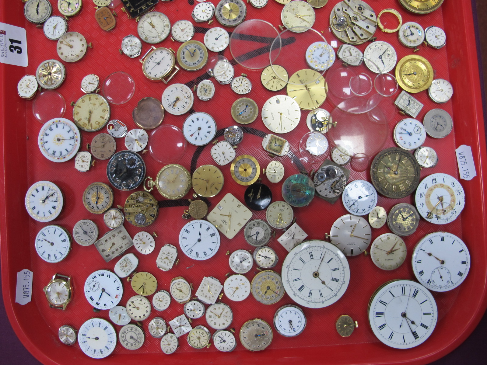 A Large Collection of Assorted Wristwatch Movements / Dials, pocketwatch movements etc :- One Tray - Image 3 of 11