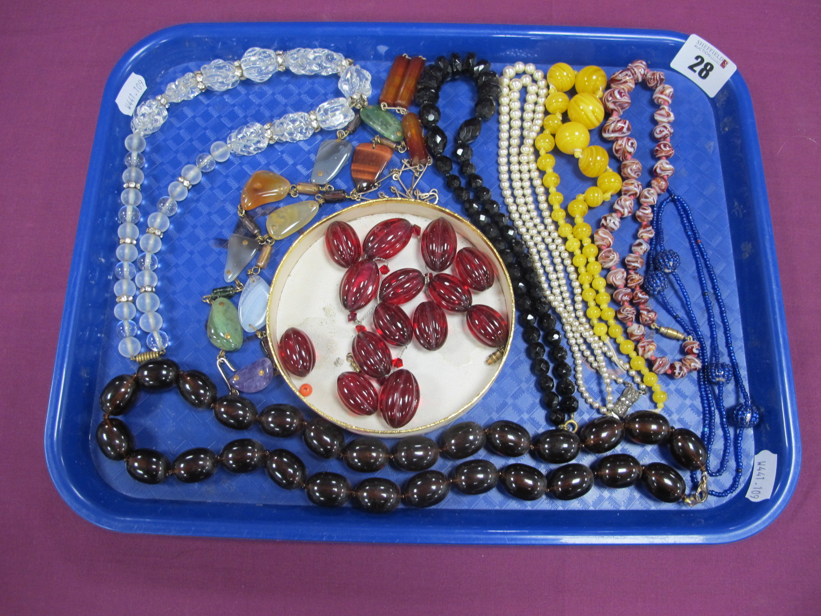 Vintage and Later Bead Necklaces, including clear glass necklace , the shaped bead with diamanté