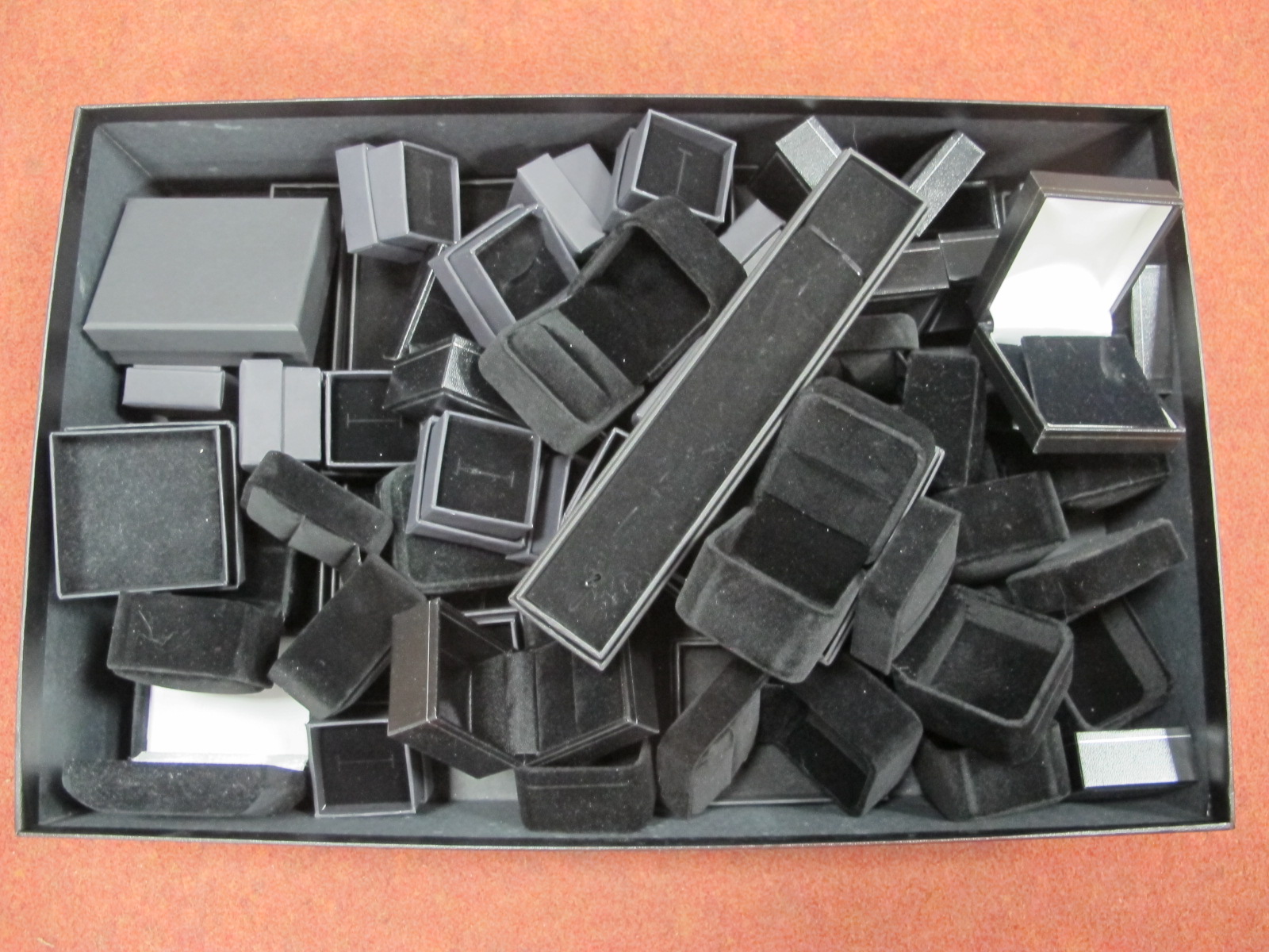 A Collection of Assorted Black Plush Ring Boxes, bracelet / necklace boxes etc :- One Box