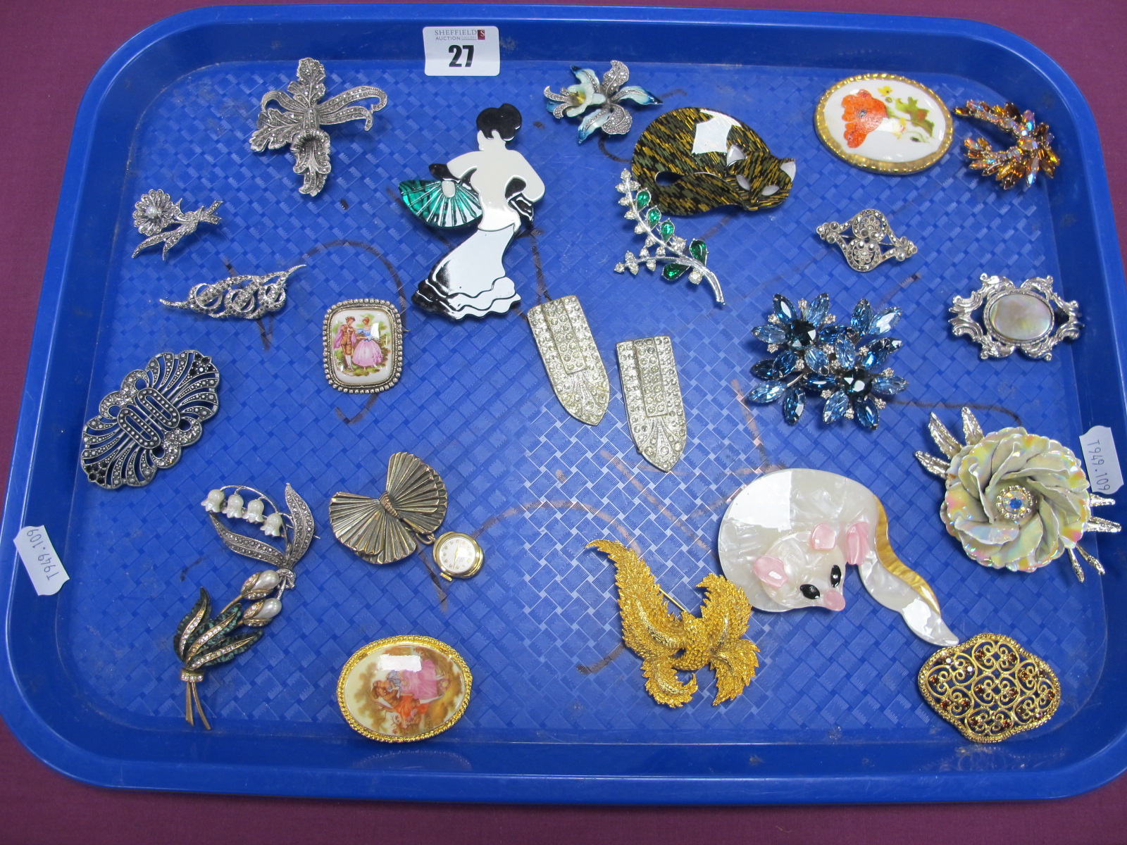 Vintage and Later Costume Brooches, including Lanco brooch watch, Limoges style, marcasite inset etc