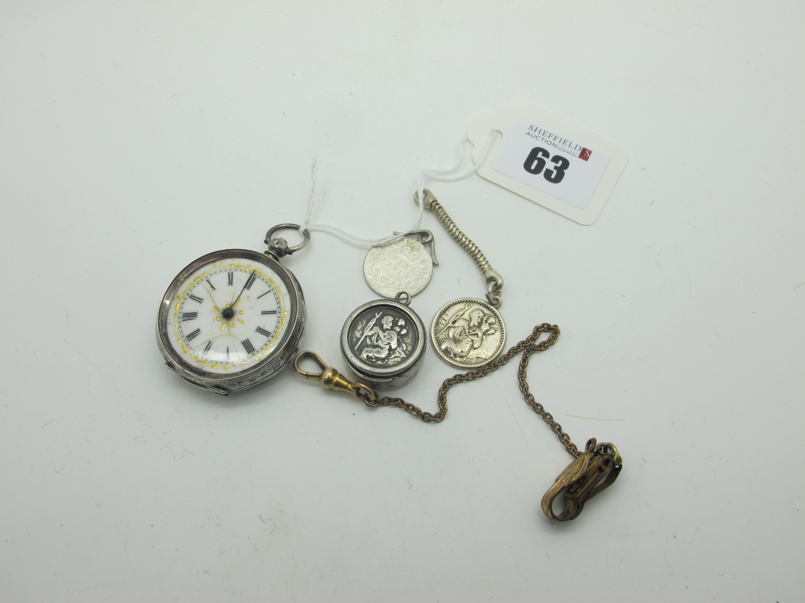 A Ladies Fob Watch, within case stamped "0.935" (damages / incomplete), a hallmarked silver coin