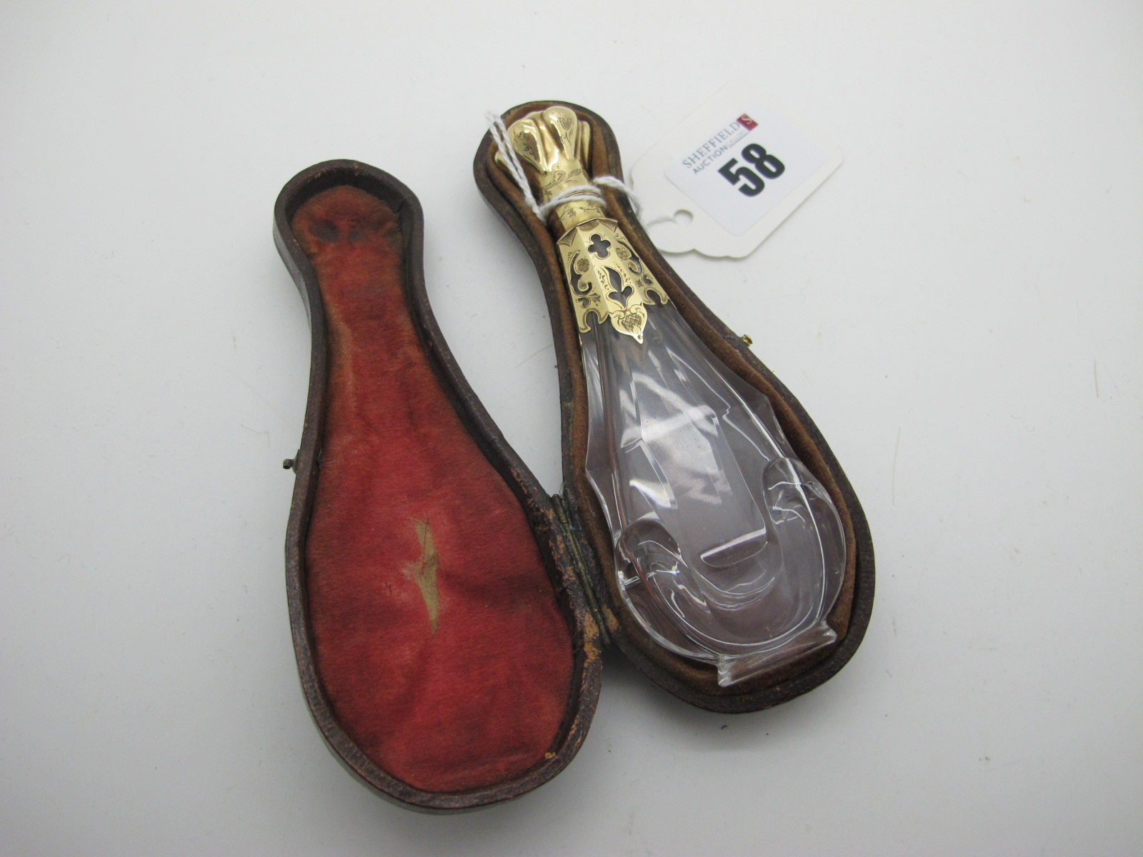 A XIX Century Dutch Glass Scent Bottle, of shaped tapering form, with pierced mount (bearing Dutch