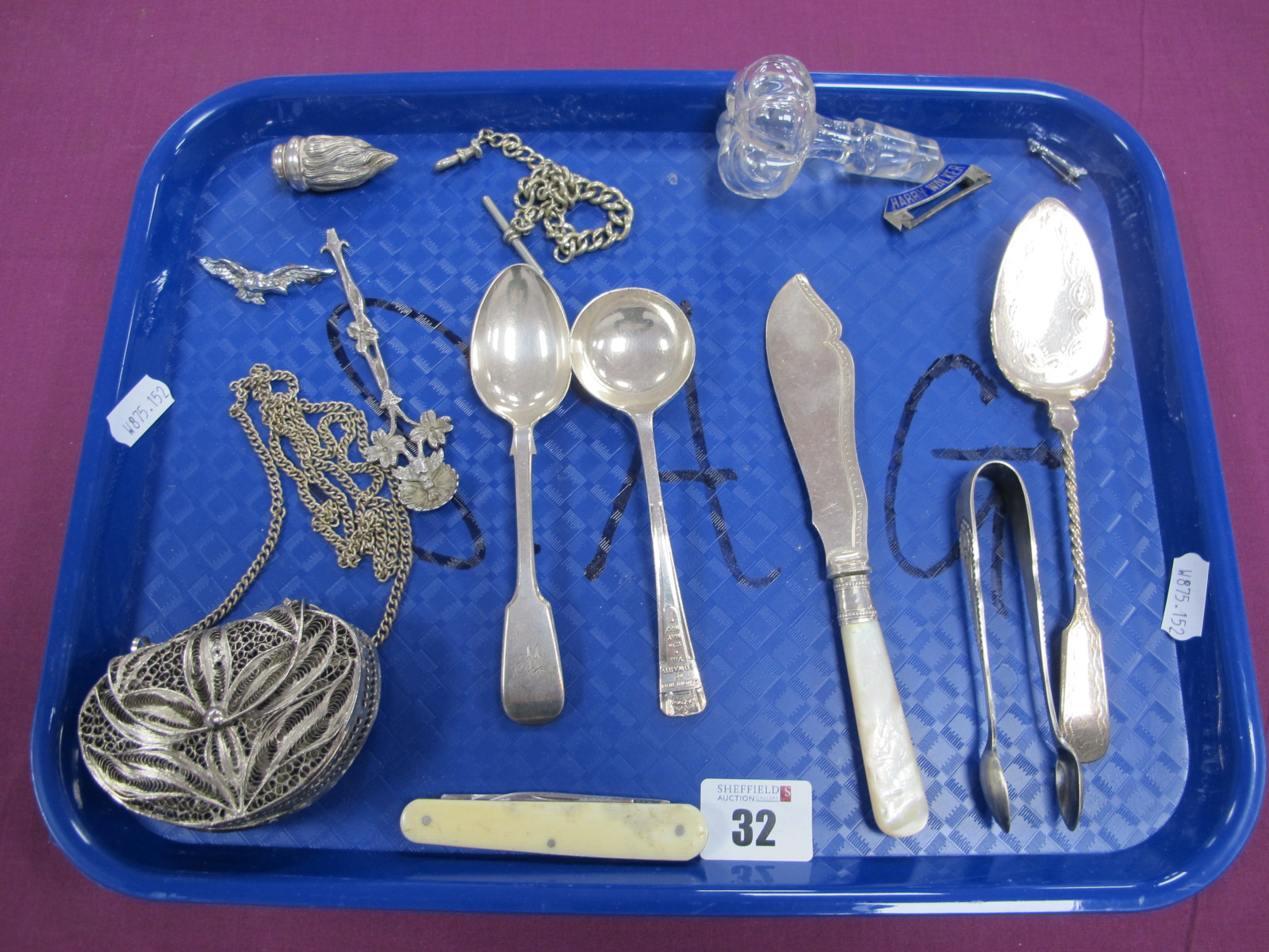 Filigree Metal Purse, on chain suspension, assorted plated cutlery, glass stopper, Albert chain, etc