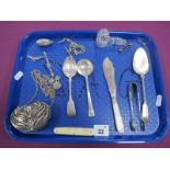 Filigree Metal Purse, on chain suspension, assorted plated cutlery, glass stopper, Albert chain, etc