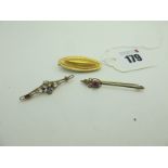 A Chester Hallmarked 15ct Gold Locket Back Brooch, together with a single stone bar brooch and a