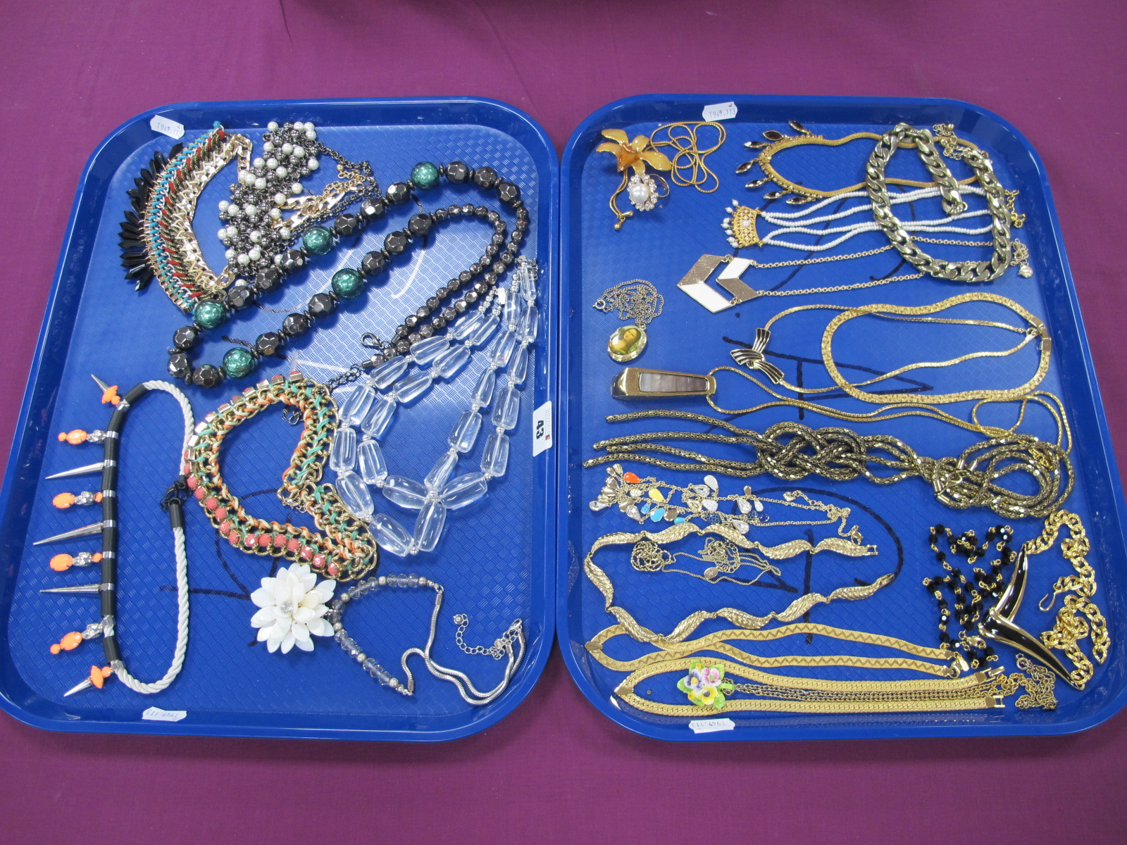 Assorted Costume Jewellery, including pendants on chains, bead necklaces, chains, etc :- Two Trays