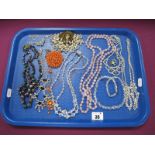 Vintage and Later Costume Necklaces, including diamanté, imitation coral brooch etc :- One Tray
