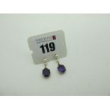A Pair of 9ct Gold Amethyst Single Stone Drop Earrings, with pearl highlights.