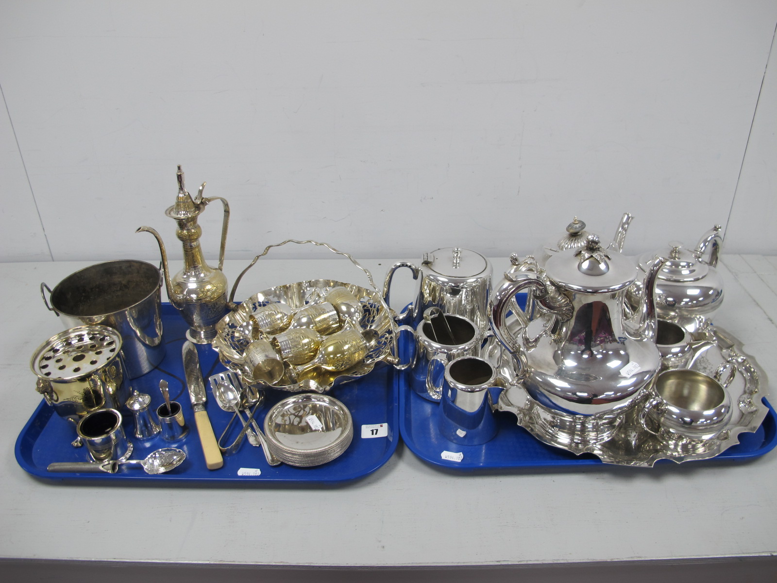 Assorted Plated Tea Wares, including hotel style three piece tea set, shaped circular tray, swing