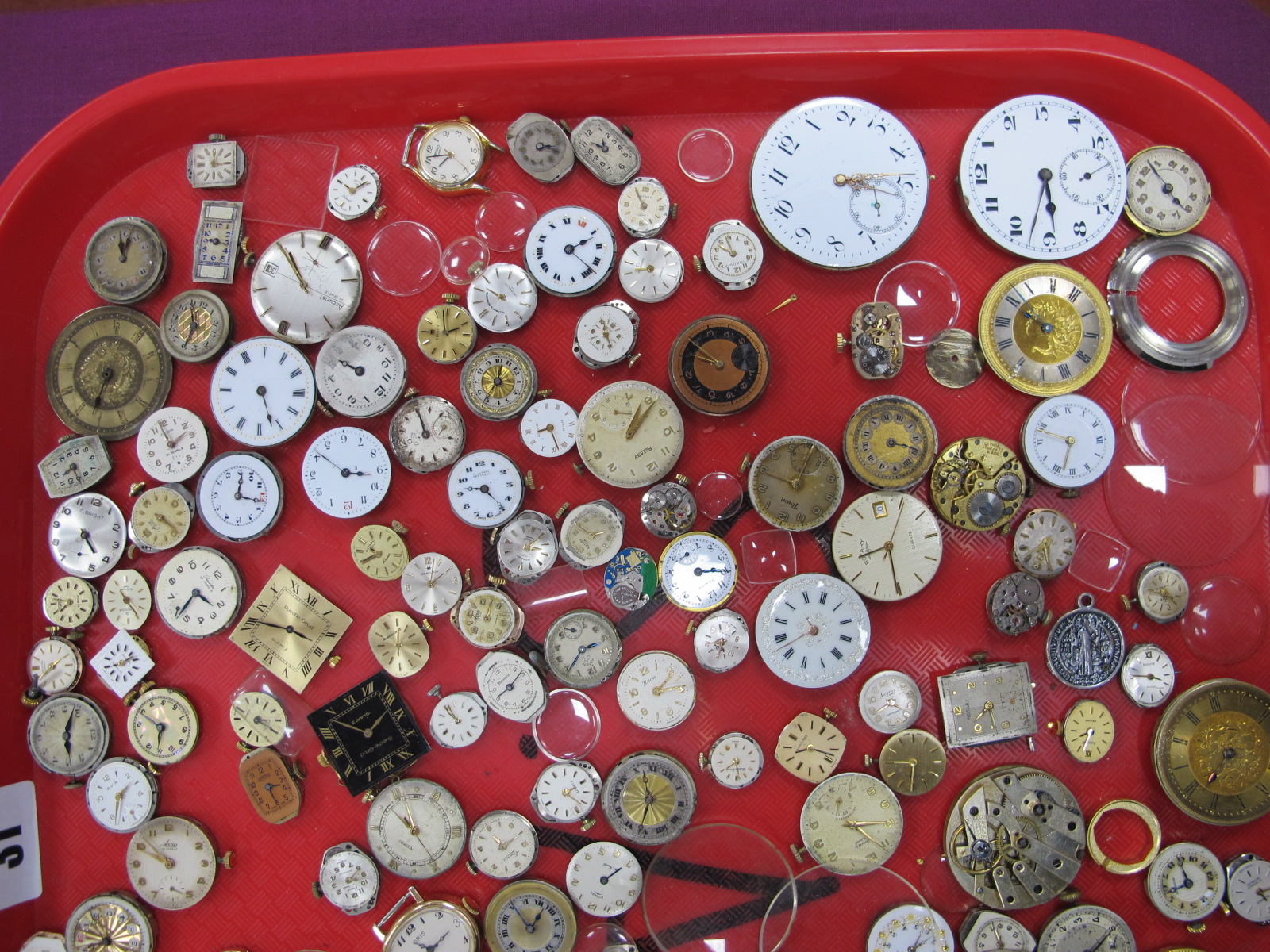 A Large Collection of Assorted Wristwatch Movements / Dials, pocketwatch movements etc :- One Tray - Image 2 of 11