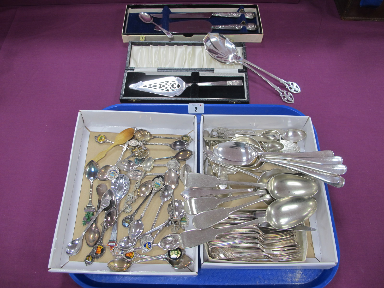 Assorted Plated Cutlery, including hallmarked silver handled cake slice and cake knife, hallmarked