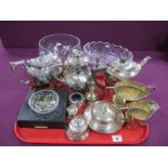 Assorted Plated Ware, including semi reeded three piece tea set, further tea wares, cruet items,