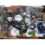 Clocks, barometer, trays, blue glass liners, soda syphon, chrome candlesticks, etc:- One Box