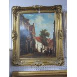Riestan, Cobbled Street Scene, with man and boy on a doorstep of church, oil on board, signed