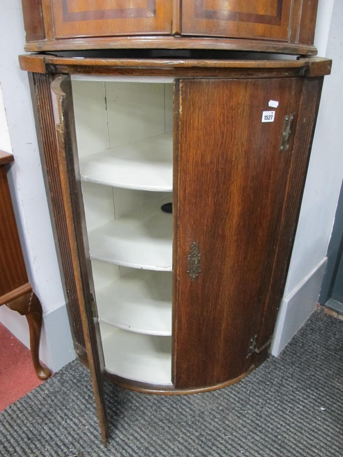 Oak Bow Fronted Corner Cupboard, with three internal shelves, reeded sides.