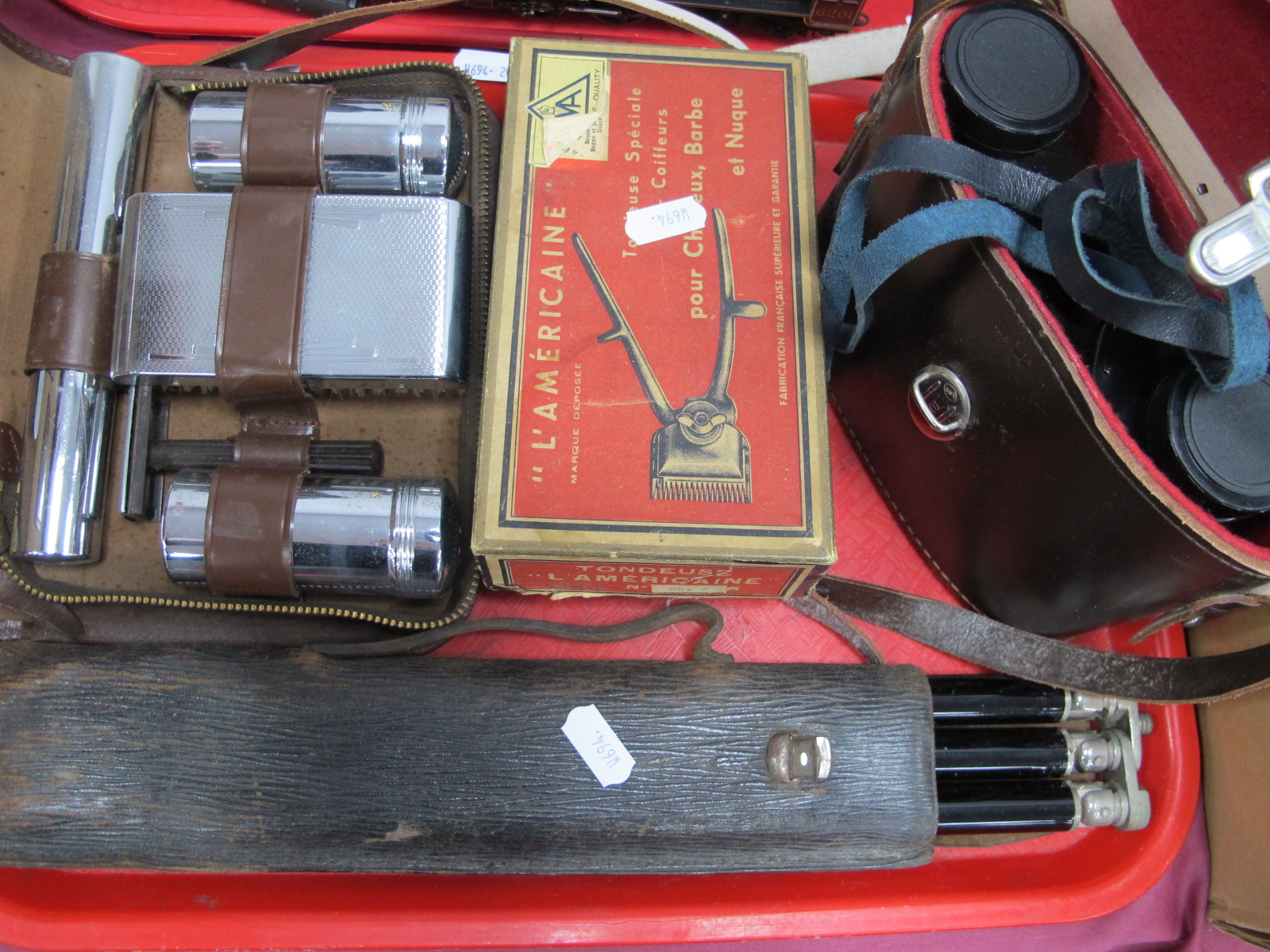 A Cased Set of Charles Frank 8 x 30 Field Binoculars, Lamericaine No 2 gents travel set, etc:- One