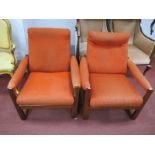 A Guy Rodgers Pair of Vintage Teak Wood Armchairs, with upholstered backs, seats, arms.