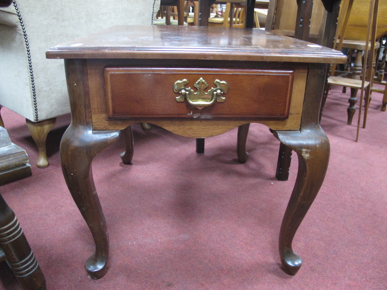 Deep Side table, with single drawer, on cabriole legs, 54cm wide.