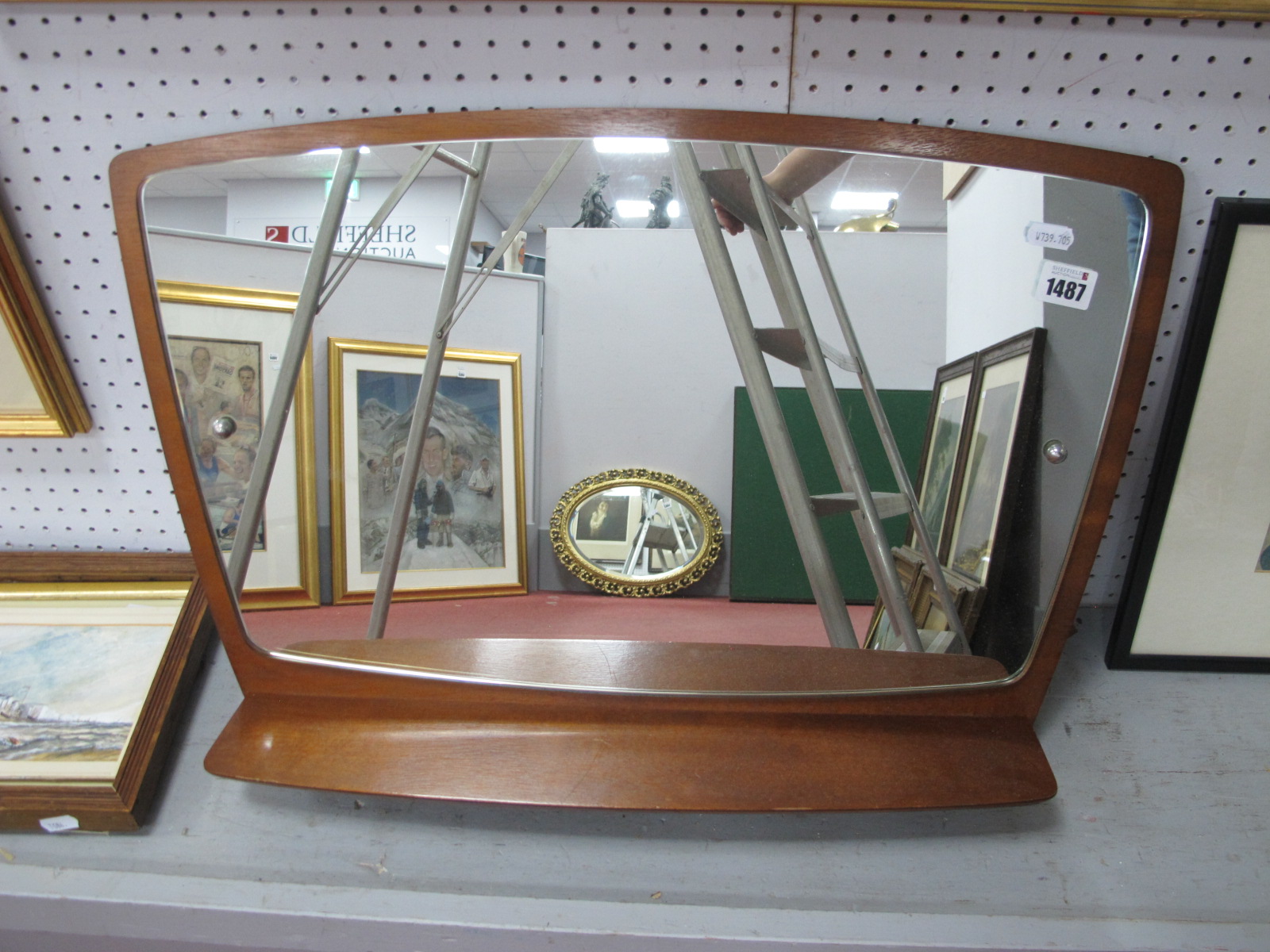 1970's Teak Framed Rounded Rectangular Wall Mirror, with lower shelf, 60cm wide.