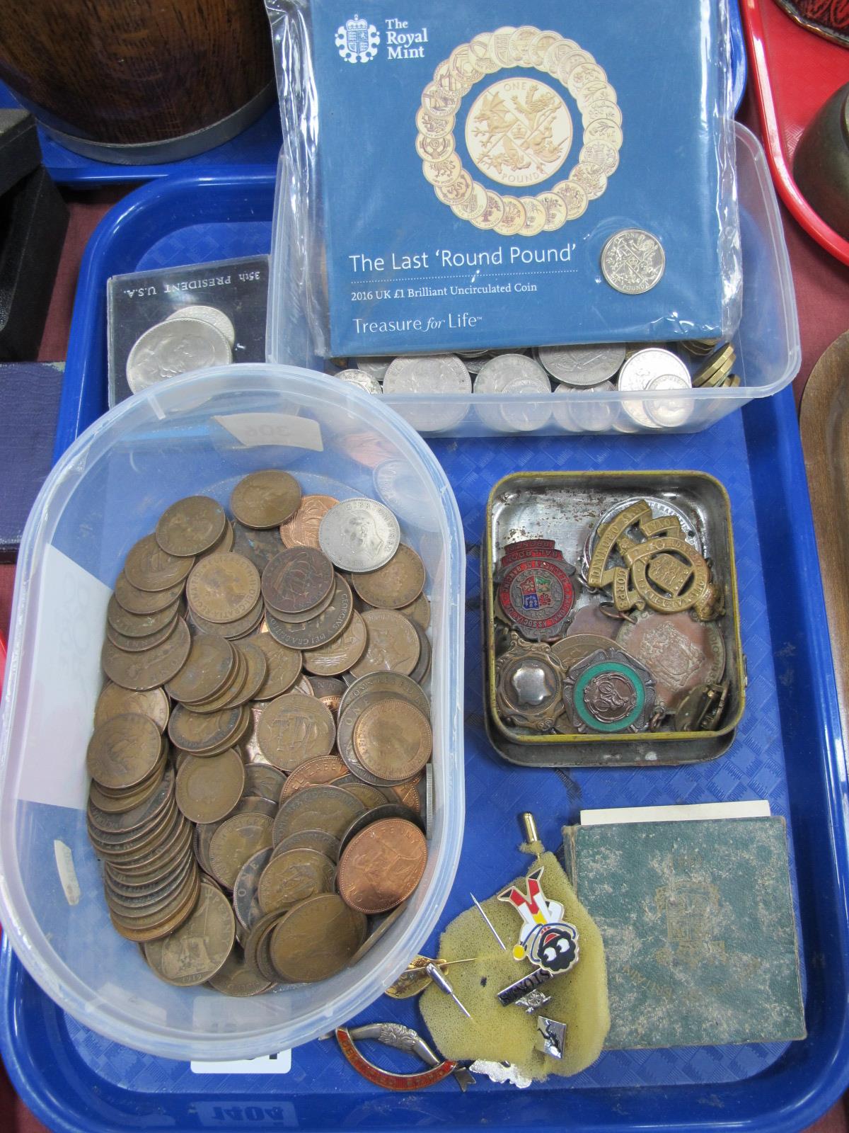 The Last Round Pound, other coinage, medallions, Silver primo brooch, etc:- One Tray.