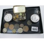 Two Silver Pocketwatches, coinage, studs, cufflinks.