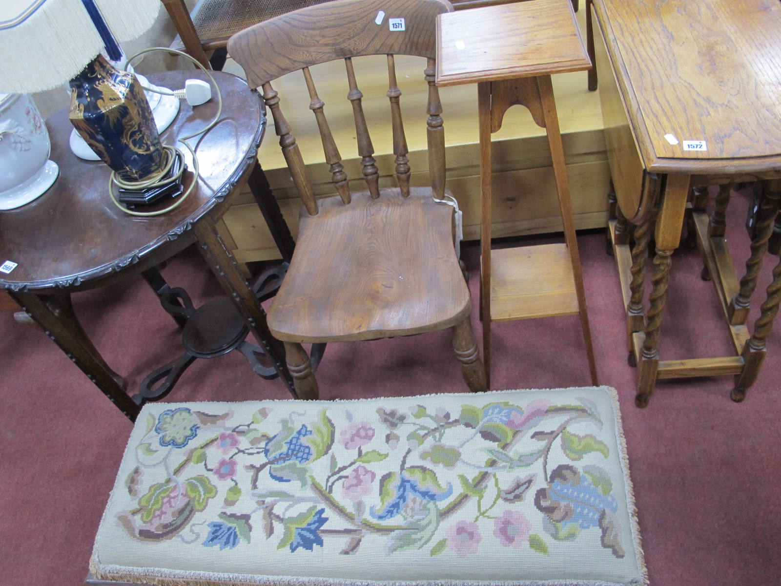 A Farmhouse Kitchen Chair, elongated foot stool, plant stand. (3).