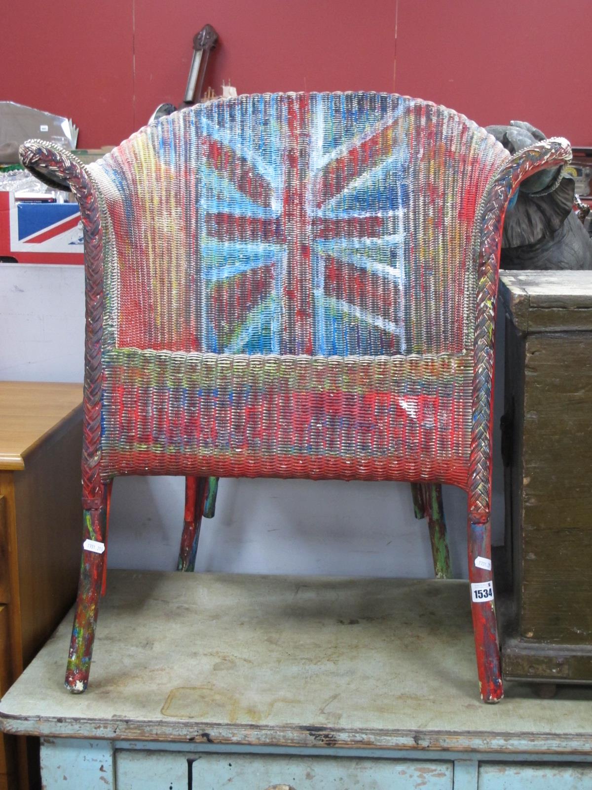 A Lloyd Loom Style painted Chair, decorated with Union Jacks.