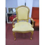 A Modern XIX Century French Style Gilded Armchair, with upholstered back, arms and seat, on cabriole