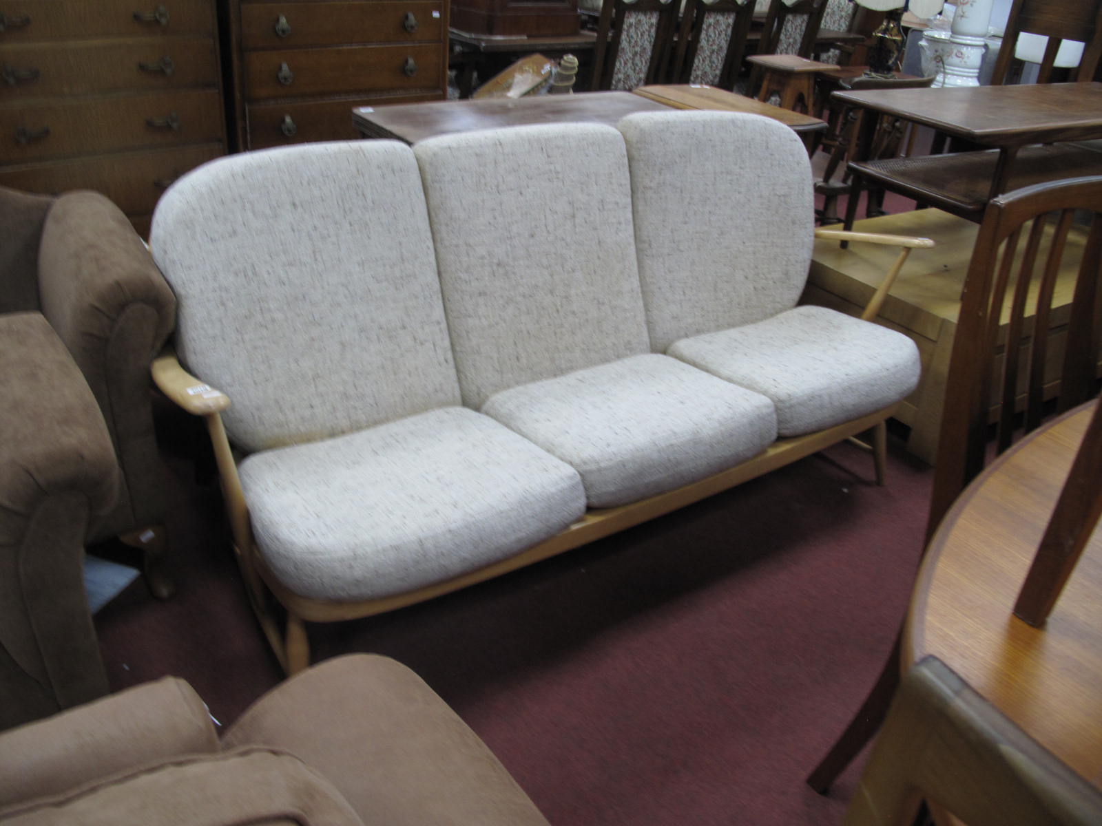 Ercol Settee, with rail back, webbed seat, circular supports, united by stretchers, 170cm. - Image 2 of 2