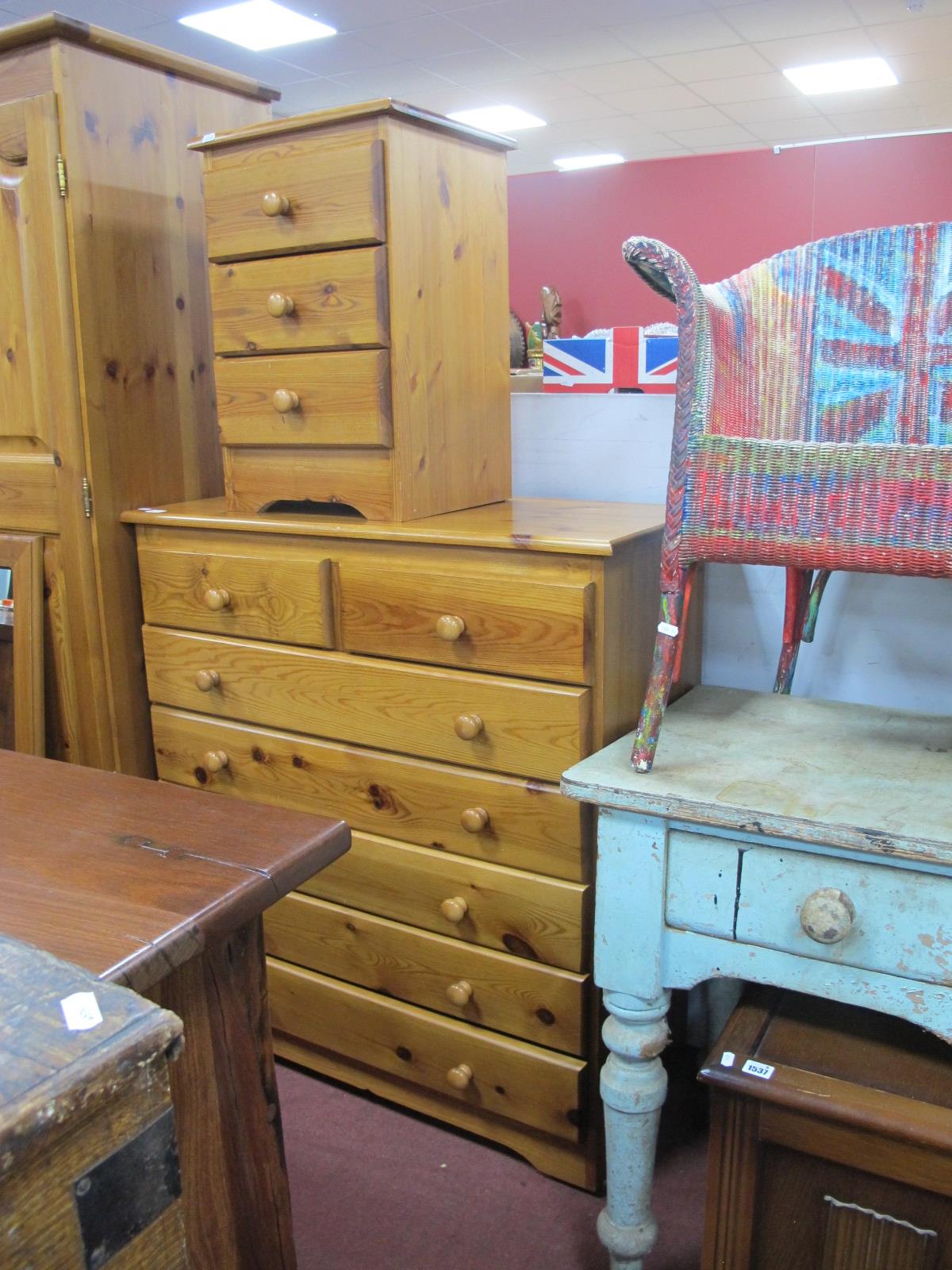 A Pine Chest of Drawers, with two short drawers, five long drawers, 93cm x 106cm high, together with