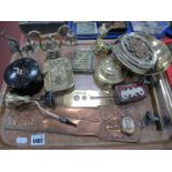 An Art Nouveau Copper Finger Plate, brass ware, rolled gold locket, etc:- One Tray.