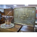 A XIX Century Log Bucket, on stepped base, brass fire screen and wall plaque etc.